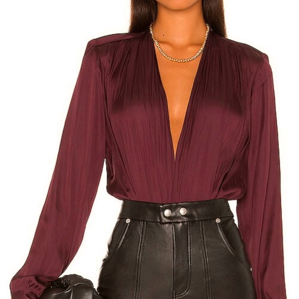 PAIGE - Sevilla surplice silky body suit in burgundy. Medium